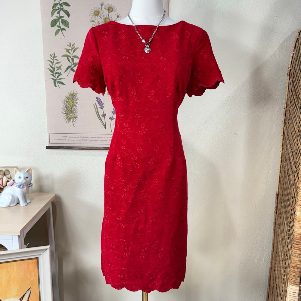 90s Y2k Keyhole Back Embroidered Shift Dress Americana Coquette Romantic M 10P